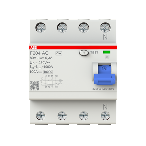 2CSF204005R3800 - F204 AC-80/0.3 - RCCB - 4P - 80A/300mA